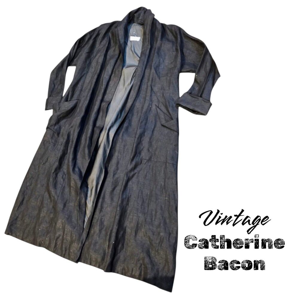 CATHERINE BACON Sz L Black Linen Lagenlook Art To Wear Open Front Trench Coat